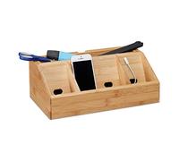 Relaxdays Organiseur de bureau distributeur de bureau bambou style portable fourniture boîte station chargeur smartphone trombone adhésif 5 compartiments bloc-note, nature 11 x 30 x 17,5 cm