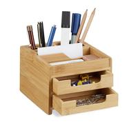 Relaxdays Organiseur de bureau bambou 2 tiroirs HxLxP 9,5×12,5×15 cm Nature