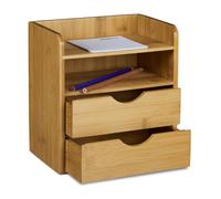 Relaxdays Organiseur de bureau en bambou, H x L x P: 21 x 20 x 13 cm, avec 2 niveaux et 2 tiroirs amovibles, nature
