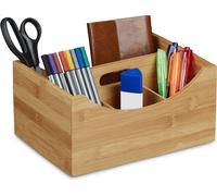 Relaxdays Organiseur de bureau en bambou, Pot à crayons, 4 compartiments, poignée, bois naturel Grain, taille : ca 12 x 25 x 18 cm, Marron naturel