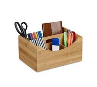 Relaxdays Organiseur de bureau en bambou, Pot à crayons, 4 compartiments, poignée, bois naturel Grain, taille : ca 12 x 25 x 18 cm, Marron naturel