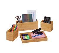 Relaxdays Organiseur de bureau, lot de 4, porte-stylo, rangement en bambou, pot à crayon, pour ustensiles, nature
