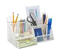 Relaxdays Organiseur de Bureau, Organisateur de Table avec Porte-stylos et tiroir, métal, Maille, 13 x 28 x 14 cm, Blanc