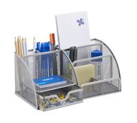 Relaxdays Organiseur de bureau 6 compartiments – maille métal, porte-stylos/lettres, argenté