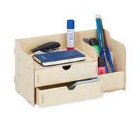 Relaxdays Organiseur de bureau, Porte-stylos tiroirs & compartiments, HxLxP: 17 x 33 x 19cm, Rangement marron clair