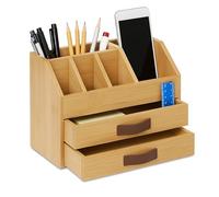 Relaxdays Organiseur de bureau, tiroirs & compartiments, HxlxP 19x24x14 cm, bambou/MDF, naturel/marron