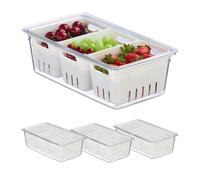 Relaxdays Organiseur de frigo, lot 4, 3X corbeilles, pour Vos Aliments, avec Couvercle, Transparent et Blanc