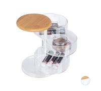 Relaxdays Organiseur de maquillage, rond, cosmétiques, bijoux, 3 niveaux rotatifs, bambou, plastique, boîte, transparent