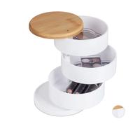 relaxdays Organiseur de maquillage, rond, cosmétiques et bijoux, 3 niveaux rotatifs, bambou, plastique, boîte, blanc