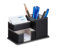 Relaxdays 10021945 Organiseur fournitures bureau similicuir tiroir, porte-stylo cartes visite 4 compartiments, noir, 10 x 18,5 x 11 cm
