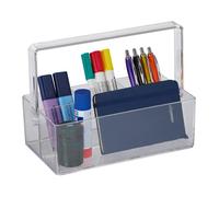 Relaxdays Organiseur à poignée, 4 Compartiments, Plastique, Rangement Bureau et cosmétiques, Portable, Transparent