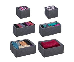 Relaxdays Organiseurs de tiroirs, 6 boîtes de Rangement pour l’Armoire, Le Dressing, etc, Pliables, 3 Tailles, Gris