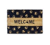 Relaxdays Paillasson fibres de coco Imprimé Welcome et pattes de chat 60 x 40 cm tapis de sol porte entrée dessous antidérapant caoutchouc PVC intérieur extérieur essuie-pieds natte, noir