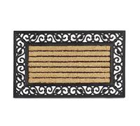 Relaxdays Paillasson fibres de coco tapis de sol rectangle résistant rayé fleur 75x45 cm antidérapant, nature/noir, 80 x 150 cm