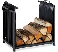 Relaxdays Support bois de cheminée Sac pour bûches, intérieur, design moderne, Etagère, acier, HlP 50x51x37cm, noir