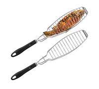 Relaxdays Panier à brochettes en Lot de 2, Acier INOX, argenté | manche en caoutchouc, 58,5 cm de long, pour grillades