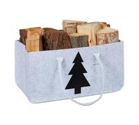 Relaxdays Panier à bûches, avec poignées, Sac de Rangement, Bois de Chauffage, Motif Sapin, 28 litres, Gris Clair/Noir