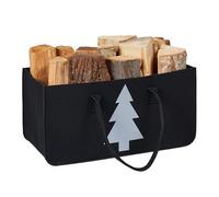 Relaxdays Panier à bûches, Feutre, avec poignées, Sac Rangement Bois, Range-bûches, Motif Sapin, 28 litres, Noir/Blanc