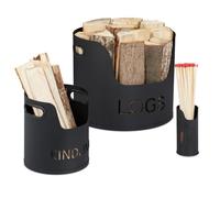 Relaxdays Panier à bûches jeu de 3, pour bois de chauffage, d’allumage et allumettes, corbeille d. 37 / 19 / 6,5 cm,noir