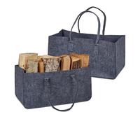 Relaxdays Panier à bûches, Lot de 2, Feutre, Sac de Rangement, Stocker du Bois, 28 litres, avec poignées, Gris foncé