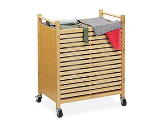 Relaxdays Panier à Linge, 2 bacs de 28 L, Corbeille trieuse sur roulettes, HxLxP : 66,5x54x35 cm, Bambou, Nature/Gris