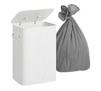 Relaxdays Panier à linge 2 compartiments avec couvercle, bambou, 105 L, pliable, 63x52x32 cm, blanc