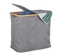 Relaxdays Panier tissu bambou, Coffre pliable, Corbeille à linge, 2 compartiments, 74 L, gris, polyester, One size