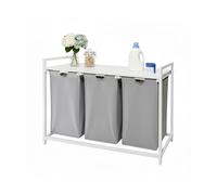 Relaxdays Panier à Linge 3 Sacs Amovibles, 150L, Tablette Aspect Bois, 73,5 x 109,5 x 33 cm, Gris/Blanc