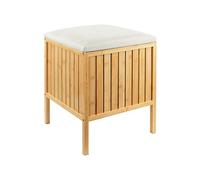 Relaxdays Panier à Linge en Bambou avec Assise et Couvercle rembourré, Tabouret de Rangement de Salle de Bain, 52 x 39 x 39 cm, Naturel/crème