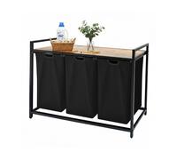 Relaxdays Panier à Linge avec 3 Sacs Amovibles, 150L, Tablette en Bois, 73,5x109,5x33cm, Noir/Naturel