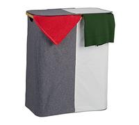 Relaxdays Panier à Linge, avec Couvercle, 2 Compartiments, Bambou et Polyester, transportable, Gris & Blanc