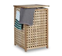Relaxdays Panier à linge avec couvercle, bois, sac en tissu, capacité 75 L, H x L x P : 67,5 x 45,7 x 45,7 cm, nature