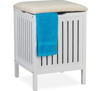 Relaxdays Panier à linge avec siège, de style campagnard, corbeille, bois et tissu, tabouret de bain HxlxP 55x41x41 cm