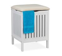 Relaxdays Panier à Linge avec siège, de Style campagnard, Corbeille, Bois et Tissu, Tabouret de Bain HxlxP 55x41x41 cm