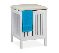 Relaxdays Panier à linge avec siège, de style campagnard, corbeille, bois et tissu, tabouret de bain HxlxP 55x41x41 cm