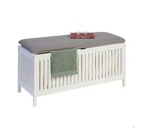 Relaxdays panier à linge avec siège, noyer, couvercle rembourré, HxLxP 50 x 100 x 38 cm, tabouret de bain, blanc/gris
