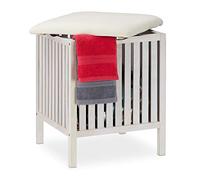 Relaxdays Panier à linge avec siège, Tabouret de salle de bain, style rustique, 40l, bois/tissu, 53 x 41 x 41 cm, blanc