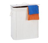 Relaxdays 10024382_49 Corbeille Bambou, Panier à Linge 2 Compartiments, Coffre Pliable Couvercle 95 litres, Blanc, 63 x 52 x 33 cm
