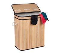 Relaxdays Panier à linge, bambou, 3 compartiments, 30 L par bac, coffre couvercle, poignées, HxLxP 63x55x35 cm, nature