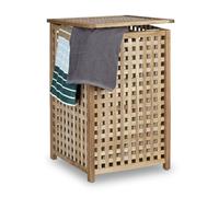 Relaxdays Panier à linge avec couvercle en bois, sac en tissu, 75 L, 67,5 x 45,7 x 45,7 cm nature