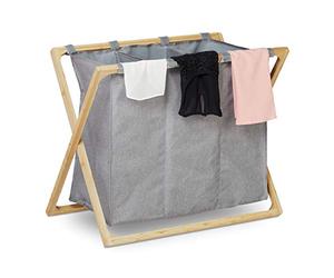 relaxdays Panier à Linge, collecteur à vêtements Pliant avec 3 Compartiments, 3x28 L, Trieur, 57,5x69x38 cm, Gris/Nature