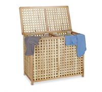 Relaxdays Panier à linge en bois de noyer double corbeille vêtements avec couvercle tri bac HxlxP 46,1 x 87,9 x 68,1 cm 2 compartiments coffre 2 sacs en lin blancs amovibles, couleur naturelle 10020155