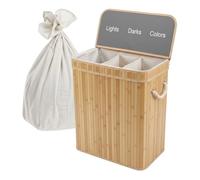 Relaxdays Panier à Linge en Bambou Pliable 3 Compartiments 105 L, Couvercle, 63×52×32 cm, Naturel
