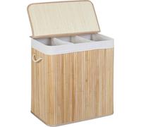 Relaxdays Panier à Linge, 3 Compartiments, Couvercle, trieur rectangulaire, HxLxP: 62x62,5x42,5 cm, Bambou, Nature-Blanc