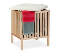 Relaxdays Panier à linge tabouret avec siège 40 l Bois/Tissu 51x41x41 cm Naturel/Blanc