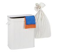 Relaxdays Panier à Linge Pliable en Bambou avec Couvercle, 2 Compartiments, 100 l, Blanc, 60x52x32 cm