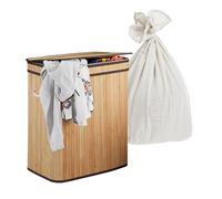 Relaxdays Panier à Linge Pliable en Bambou avec Couvercle, 2 Compartiments, 100 L, Naturel, 60 x 52 x 32 cm