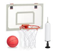 Relaxdays Panier de basket-ball unisexe pour chambre avec ballon et pompe à air, planche à repasser à la porte sans perçage, multicolore, blanc/rouge, H x l x P : env. 45 x 45 x 33 cm