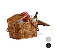 Relaxdays Panier de Pique-Nique à Couvercle Tressé Tissu Anses Grande Corbeille Transport Fait Main Rotin Brun Miel, 25 L