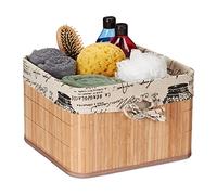 Relaxdays Panier de Rangement, Bambou et Polyester, HLP: 20x31x31 cm, Corbeille à poignée, boîte d’étagère, Nature-crème